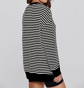Pull en tricot à col rond rayé pour femme, manches longues, décontracté, pour le printemps, 100% coton, respirant, coupe classique - Product Image 3