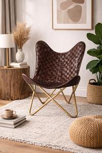 Modern Quilted Dark <b>Brown</b> Leather Butterfly <b>Chair</b> Premium Black Metal Frame Lightweight Handmade <b>Dining</b> Lounge <b>Chair</b> Home Office - Product Image 2