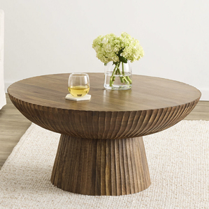 Table basse ronde en bois de manguier massif, style minimaliste luxueux, base cannelée, finition naturelle, pour maison moderne, villa, salon. - Product Image 1