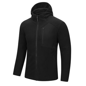 Men's Black <b>Hooded</b> <b>Fleece</b> <b>Jacket</b> Regular Fit Windproof Winter Casual Pocket Design Solid Color Knitted Fabric - Product Image 4