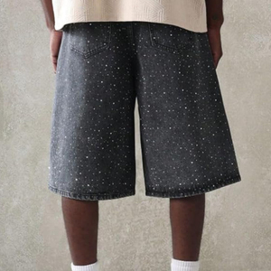 Men's Stonewashed Denim <b>Shorts</b> With <b>Sequined</b> Glitter Print Mid Waist Straight Leg Casual Summer Cotton Breathable Woven Style - Product Image 2