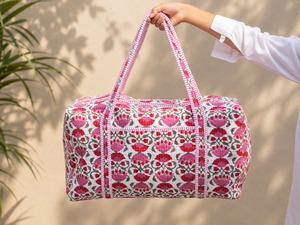 Women’s Hand Block Print Cotton Quilted Duffle <b>Bag</b> | Floral Weekender Travel <b>Bag</b> | Handmade Overnight Tote | <b>Boho</b> Gym <b>Bag</b> - Product Image 6