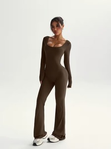 Women's Sculpting Mock-Neck Long Sleeve Jumpsuit | Sleek Flare-Leg <b>Yoga</b> <b>Unitard</b> | Breathable Polyester Spandex Performance Wear - Product Image 5