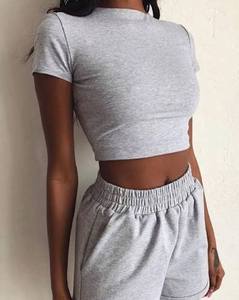 Haut court décontracté à manches courtes et col rond pour femme, style neutre, respirant, séchage rapide, anti-plis, en coton et élasthanne - Product Image 1