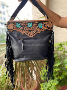 Bolso de mano de cuero con flecos de piel de vaca auténtica tallado bohemio color turquesa nuevo diseño bolsos para mujer - Product Image 5