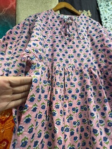 Pink Floral Block Print Cotton Midi Dress, Handmade Indian Boho Cottagecore <b>Summer</b> Outfit - Product Image 4