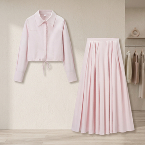 ชุดลำลองผู้หญิง 2 ชิ้น เสื้อชีฟองแขนยาว คอปกพับ กระโปรงจีบยาวระดับเข่า สีชมพูล้วน สำหรับฤดูใบไม้ร่วง 100% - Product Image 5