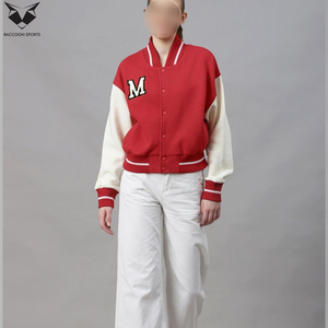 Women's Red Varsity <b>Jacket</b> Full Sleeve Button Closure Contrast Rib Trim Embroidered Letter M Logo Autumn Regular Fit Outerwear - Product Image 5