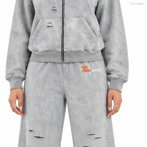 Conjunto de Sudadera con Capucha y Pantalones Deportivos para Mujer, Estilo Acid Wash, Holgado, Desgastado, 2 Piezas, 100% Algodón - Product Image 5