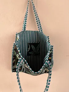 Sac fourre-tout en coton matelassé noir bohème avec imprimé animalier, sac de shopping ouvert décontracté d'été pour femmes - Product Image 3