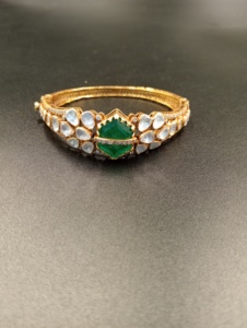 Classic Gold Plated <b>Silver</b> <b>Cuff</b> Bangle <b>Bracelet</b> with Emerald Cut Green Jade and White Stones Bezel Set for Women Wedding Jewelry - Product Image 3