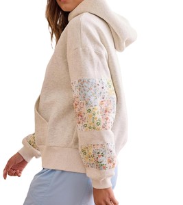 Unisex Hooded Sweatshirt Patchwork Floral Sleeve Oversized Casual Spring French Terry Knitted Pullover Light Beige with Pockets - Product Image 2