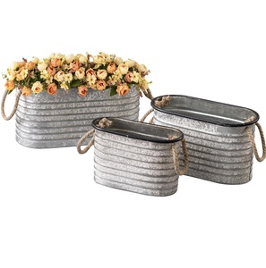 Ensemble de jardinières en métal galvanisé blanc de forme ovale pour la maison et le jardin, jardinières décoratives avec poignées en corde - Product Image 6