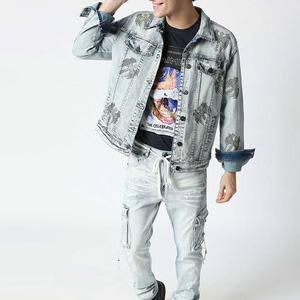 OEM <b>Custom</b> Eco-Friendly Reversible Men's Light Blue <b>Denim</b> <b>Jacket</b> With Print Pattern Casual Spring Wear Street Style Men's <b>Jacket</b> - Product Image 1