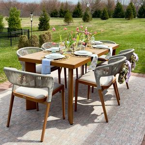 Modern Teak <b>Dining</b> <b>Table</b> Set With 6 Rope Back Chairs Rectangle Outdoor Courtyard Furniture Stable Wood Frame - Product Image 1