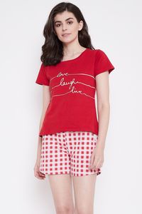 Women's Red Printed T-Shirt With Love Laugh Live Text And Red White Checkered Shorts <b>Elastic</b> Waist Casual Knitted Cotton Set - Product Image 4