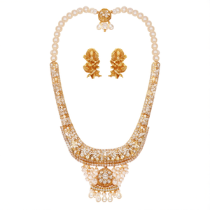 Rose Gold Plated American Diamond Bridal Jewelry Set-Matte Finish Pearl Necklace with Earrings - Product Image 2