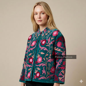 Chaqueta Bomber de Invierno para Mujer, de Lujo, Artesanal, Bordada, de Terciopelo y Algodón Ecológico, con Patrón Floral Retro, Estilo Boho Chic, Gruesa y Personalizada - Product Image 1