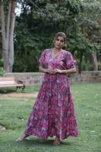 Robe courte imprimée à la main indienne pour femmes Robe d'été décontractée en coton Robe longue courte de style boho Tissu naturel à la taille - Product Image 2