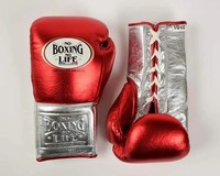 Guantes de Boxeo de Cuero Personalizados 'No Boxing No Life', con Cordones, para Entrenamiento y Sparring, Rojos y Plateados, Dedos Completos, Equipo de Artes Marciales