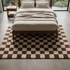 Alfombra Moderna a Cuadros Marrón y Marfil, Alfombra Geométrica con Diseño a Cuadros, Hecha a Mano, para Decoración de Sala de Estar y Dormitorio - Product Image 2
