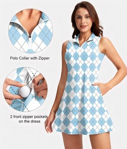 Robe de golf sans manches pour femme, bleu et blanc, col polo, tissu tissé respirant, style décontracté et sportif - Product Image 3