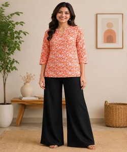 Conjunto de Top y Pantalones Palazzo de Rayón con Estampado Digital, Color Naranja y Negro, 84552, Tallas de EE. UU., Ropa Étnica Modesta al por Mayor - Product Image 1