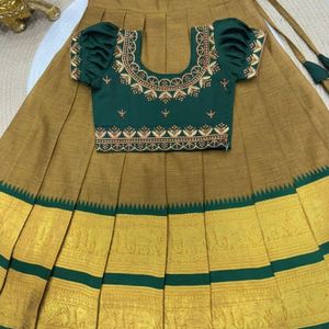 Green and Mustard Kids <strong>Half</strong> <strong>Saree</strong> <strong>Set</strong> Cotton Silk Lehenga Heavy Embroidery Choli Full Stitched Manufacturer Rate By Royal Export - Product Image 5