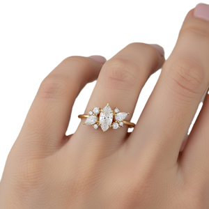 Bague de fiançailles de luxe en or massif 14K 18K avec diamants de laboratoire en forme de poire marquise et de grappe ronde, bijou de mariage élégant - Product Image 6