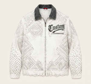 Veste en jean vintage personnalisée à clous, imprimé géométrique, col contrastant, fermeture éclair intégrale, doublure matelassée, streetwear décontracté - Product Image 1