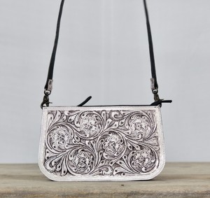 Vintage Genuine Leather Shoulder <b>Bag</b> Floral Embossed <b>Hand</b> Tooling Single Strap Zip Closure <b>White</b> And Black Women's Crossbody <b>Bag</b> - Product Image 1