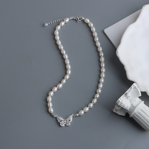 Collier à pampilles papillon entièrement serti de diamants, style coréen, tendance, luxe, perle d'eau douce naturelle, accessoire pour clavicule - Product Image 1
