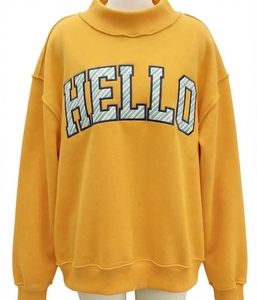 Sweat-shirt surdimensionné à col rond pour femme, jaune, imprimé lettres 'Hello', en coton tricoté, style hiver, logo frontal, vente en gros - Product Image 1