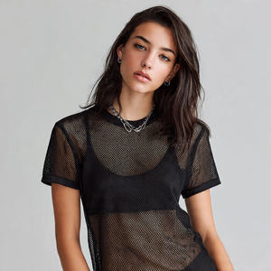 T-shirt en maille transparente 100% polyester pour femmes, manches courtes, col rond, t-shirts transparents pour femmes, t-shirts en maille transparente à séchage rapide pour femmes - Product Image 2