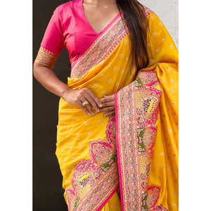 Sari de Pashmina de Seda Darbari con Bordado Zari, Color Mostaza, Ropa India y Pakistaní, 700g, Tejidos de Élite - Product Image 5