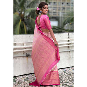 ผ้าไหมเนื้อนุ่มสีชมพูอ่อนแบบคันจิวารัม ผ้าซารีแบบดั้งเดิม ปักด้วยด้ายซารี ผลิตโดย Elite Weaves สำหรับเสื้อผ้าอินเดียและปากีสถาน - Product Image 2