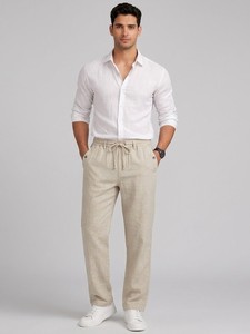 Men's <b>Light</b> Beige Linen Drawstring Waist Casual <b>Trousers</b> Lightweight Elastic Waist Summer Style Flat Front Pants - Product Image 1