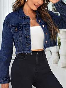 Veste en jean pour femme, unie, d'hiver, avec logo sur le devant, respirante, tricotée, à ourlet brut, à manches longues, boutonnée, avec poches, coupe classique - Product Image 5