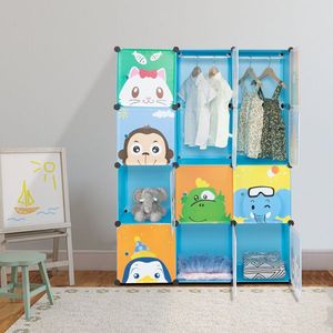 4-Layer 12-Grid Animal Patterned Rubik's Cube Wardrobe Plastic & Steel Wire 105*35*140cm 2 Hanging Rods for Kids' Furniture Sets - Product Image 1