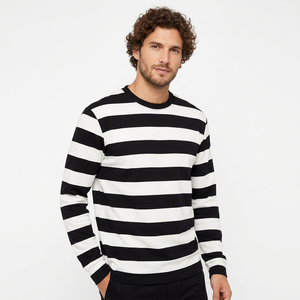 Camiseta de Manga Larga a Rayas para Hombre, Cuello Redondo, Tejido de Punto, Corte Regular, Diseño en Blanco y Negro, Transpirable, Antiarrugas, Elástica por Delante - Product Image 2