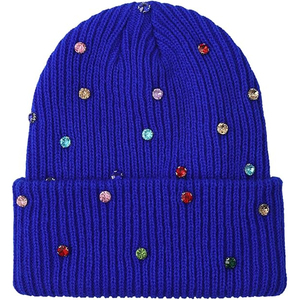 Bonnet en tricot bleu unisexe avec décoration en strass pour adultes, usage décontracté, 100% acrylique, bonnet d'hiver - Product Image 3