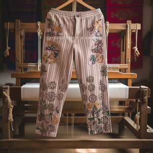 Pantalon en coton népalais fait main à thème floral avec broderies artisanales, points de croix et travaux d'aiguille - Product Image 3