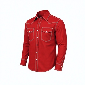 Chemise de travail occidentale ignifuge rouge pour homme avec surpiqûres blanches, poche poitrine, logo personnalisé, vêtements de travail industriels de haute qualité - Product Image 4