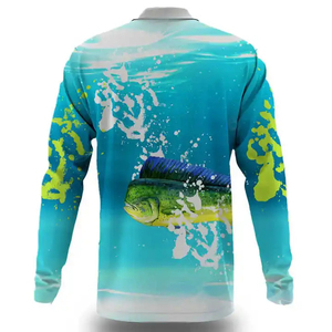 เสื้อตกปลาแขนยาวผู้ชาย พิมพ์ลายแบบซับลิเมชั่น UPF 50 ป้องกันรังสียูวี สำหรับกิจกรรมกลางแจ้ง สีน้ำเงินเขียว ลายปลาโลมาด้านหน้า - Product Image 2