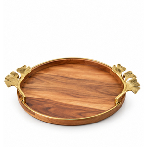 Plateau de service rectangulaire en bois de qualité supérieure avec poignées en laiton doré motif feuille de Ginkgo, plateau décoratif écologique pour table basse - Product Image 2