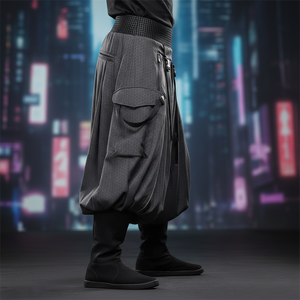 Pantalon cargo futuriste Hakama Techwear style samouraï moderne, en tissu technique premium, coupe large, streetwear, 100% coton, taille mi-haute - Product Image 3
