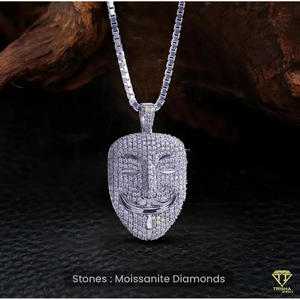 Luxury Face Mask Pendant With VVS Moissanite Diamonds <b>Solid</b> 925 <b>Silver</b> Hip Hop <b>Necklace</b> Jewelry For Men Women - Product Image 3