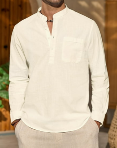 Chemise Homme <span class=keywords><strong>en</strong></span> Lin 100% à Manches Longues, Coupe Droite, Col Henley avec Poche, Qualité Supérieure, Personnalisable OEM, Printemps-Été - Product Image 5