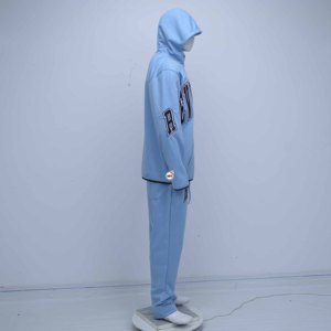 Light Blue Hooded Tracksuit Full Sleeve Solid Color Casual Winter Wear Regular Fit Side Pockets Drawstring Closure Windproof - Product Image 4