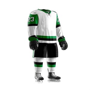 Custom Ice Hockey Uniform Set White Green Black Stripe Design Sublimation Printed Jersey Shorts <b>Socks</b> Gloves Full Kit OEM - Product Image 2